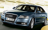 Audi A6. Modelo 2009. Imagen. Berlina. Frontal lateral. Movimiento. Azul estrato efecto perla.