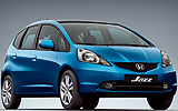 Honda Jazz. Modelo 2009. Imagen. Lateral- posterior. Coche parado. Estudio. Azul.