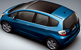Honda Jazz. Modelo 2009. Imagen. Lateral- posterior- cenital. Coche parado. Estudio. Azul.