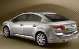 Toyota Avensis. Modelo 2009. Imagen. Exterior. Lateral posterior. Coche parado. Estudio. Gris.